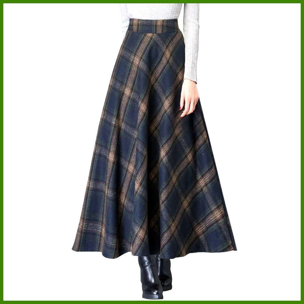 Vintage High Waist Wool Blend Plaid A-Line Maxi Skirt with Pocket - Picture 1 of 6